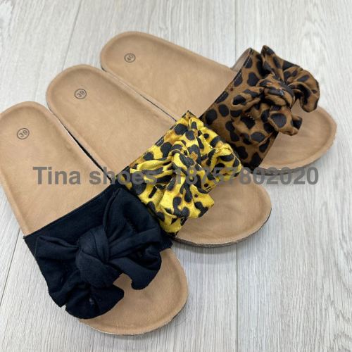 in stock slippers 37-41 fake water pine 3 colors foreign trade original order， breathable sole slippers leopard bow slippers