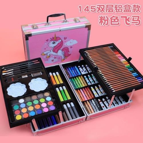 New 145 Aluminum Box Student Oil Painting Supplies Watercolor Pen Brush Stationery Set 61 Children‘s Painting Gifts 