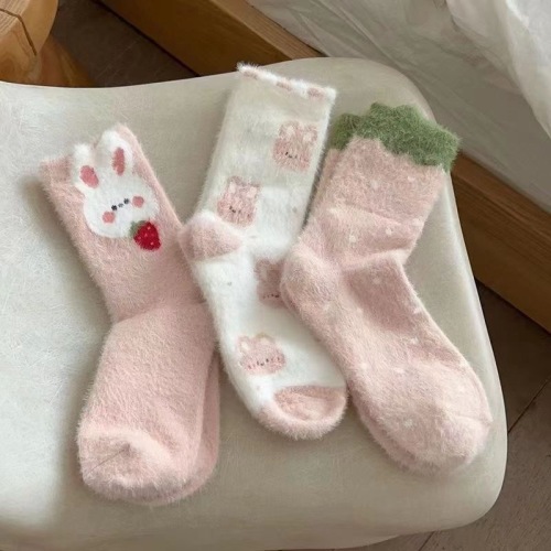 mink fur socks female autumn and winter mid-calf length socks fleece-lined thickened sleep warm and cute student long tube home room socks