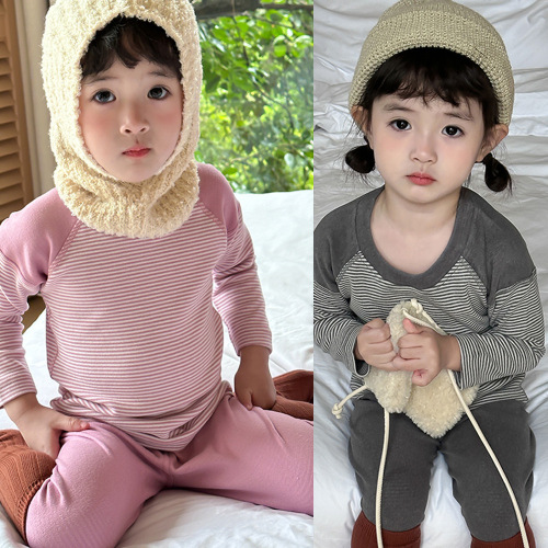 秋冬新款儿童加绒磨毛套装中小男女童拼接条纹糖果色保暖家居服