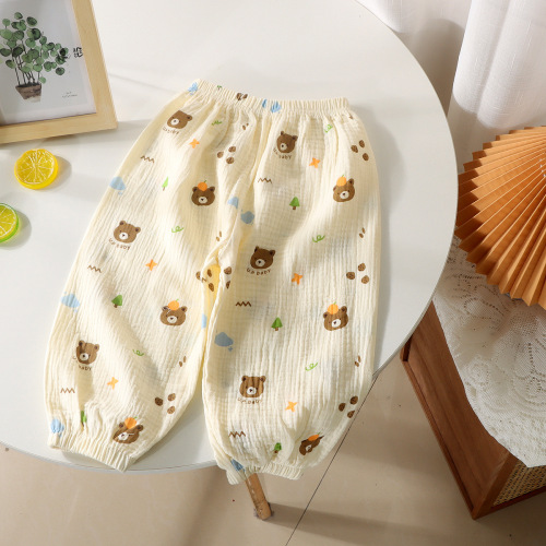 儿童韩版女童防蚊裤纯棉卡通纱布男童a类夏灯笼裤透气束脚七分裤