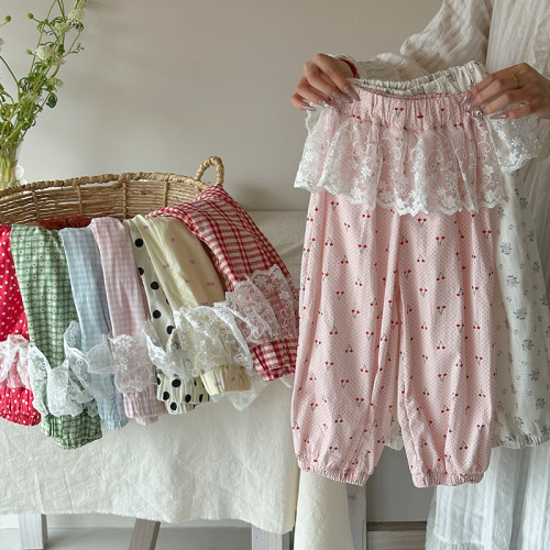 女童夏季裤子洋气2025新儿童时尚薄款休闲裤防蚊裤格子花边长裤潮