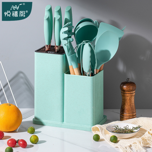 【悦禧厨】木柄硅胶厨具刀具19件套收纳桶厨具套装厨房用品套装