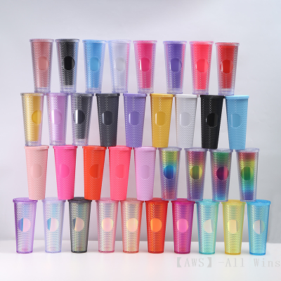 Gradient Color Double-Layer Cup with Straw Diamond Durian Cup Portable Large Capacity Plastic Cup