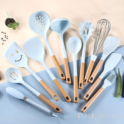 12-Piece Silicone Kitchenware Set Beech Handle Silicone Chinese Style Shovel Spoon Food Clip Spatula Set
