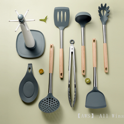 Non-Stick Pan Wooden Handle Silicone Kitchenware 8-Piece Chinese Shovel Kitchenware Set Kitchen Supplies