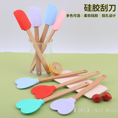 Silicone Heart-Shaped Scraper Beech Flat Handle Silicone Spoon Baking Tool Kitchenware Kitchen Supplies