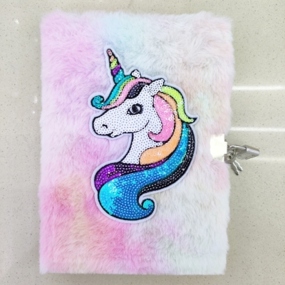 New Plush Book Furry Notebook Notepad A5 Cute Unicorn with Lock Sequins Embroidery Factory Direct Sales