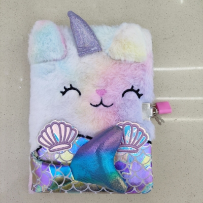 New Plush Book Furry Notebook Notepad A5 Unicorn Kitten with Lock Mermaid Factory Direct Sales
