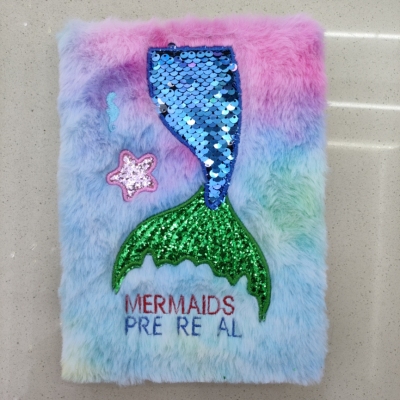 New Plush Book Furry Notebook Notepad A5 Cute Mermaid Sequins Colorful Embroidery Factory Direct Sales