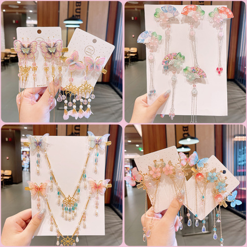 chinese style children headwear suit girls‘ han chinese costume barrettes antique hairpin hairpin super fairy tassel butterfly hair accessory