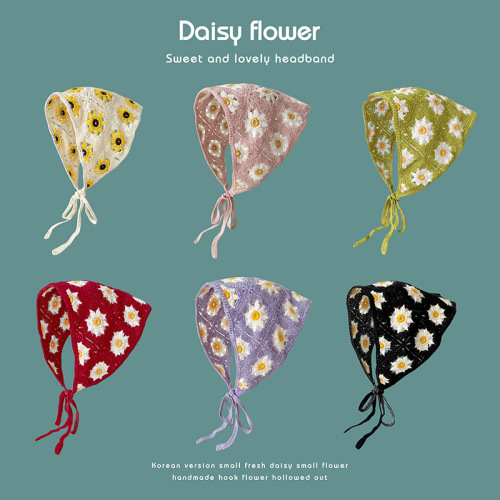 korean style triangular binder handmade crochet knitted hair band female retro internet hot cute sweet little daisy bandage headcloth
