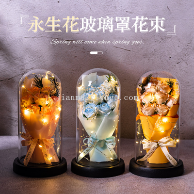 Factory Wholesale Birthday Ice Crushing Blue Preserved Fresh Flower Dried Flowers for Girlfriend Mother Rose Starry Glass Cover Bouquet