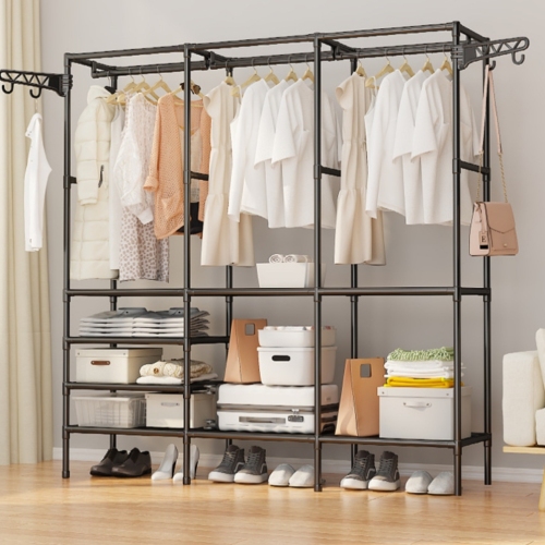 new cross-border hot selling simple double row multifunctional storage coat rack household bedroom floor storage rack clothes rack