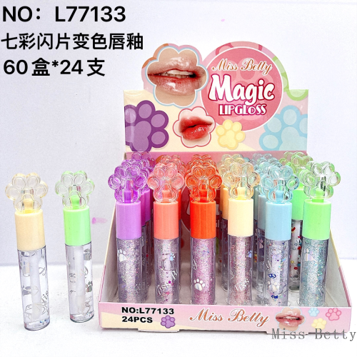 MissBetty跨境外贸新款七彩卡通猫爪闪光变色唇釉亮片唇油