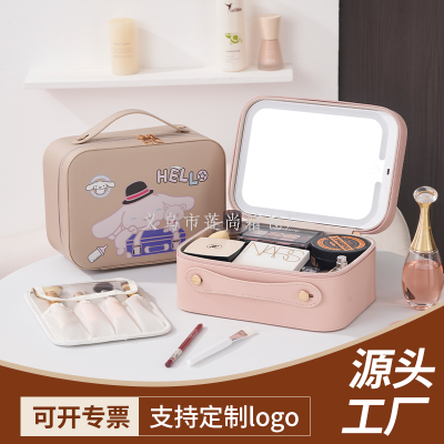 New Cartoon Led Cosmetic Case with Light Internet Celebrity with Light and Mirror Cosmetic Bag Professional Portable Makeup Storage Bag