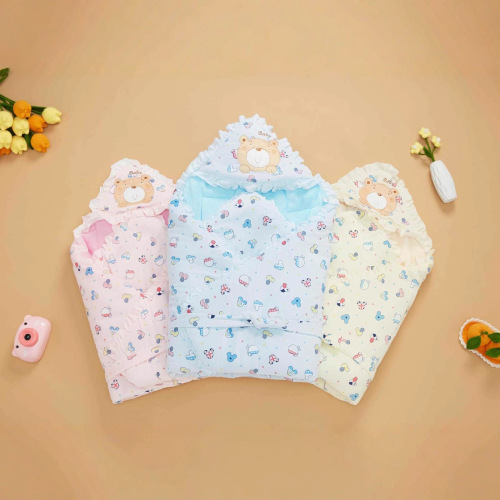 外贸婴儿抱被法兰绒贝贝秋冬三层加厚棉襁褓宝宝夹棉包被柔软睡袋