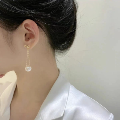 South Korea Dongdaemun Bow Pearl Earrings High-Grade Temperament Long Tassel Earrings Internet Celebrity Earrings Ear Studs Women