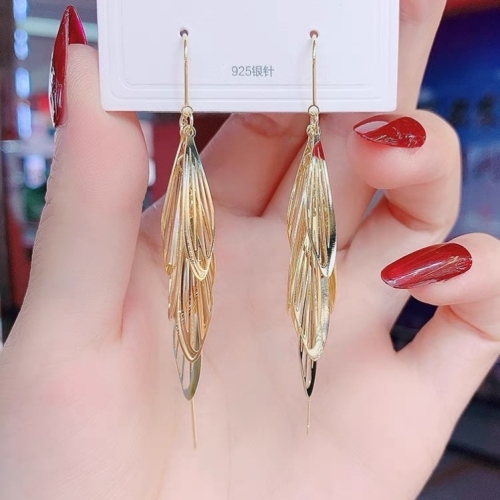 dragonfly point water leaves tassel hanging earrings female 2023 new trendy south korea long elegant and personalized high sense