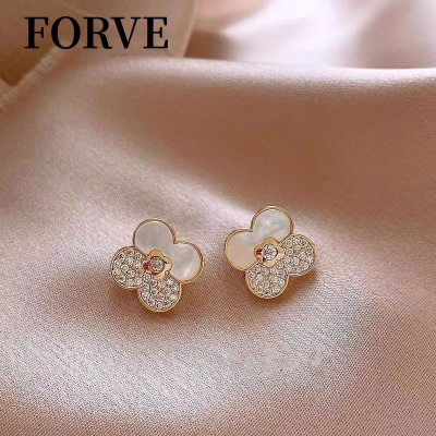 Simple Fashion Personality Micro Inlaid Zircon Shell Four-Leaf Flower Stud Earrings Elegant All-Match Earrings for Women