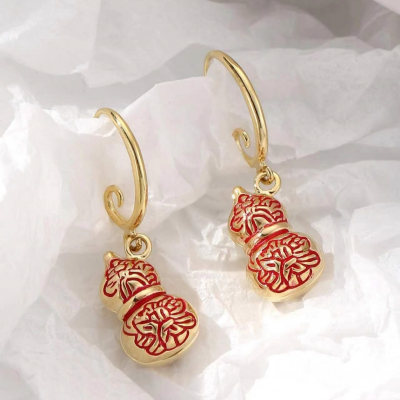 14K Gold Chinese Style Ruyi Gourd Festive Red Earrings Ancient Style Advanced Design Sense Eardrop Earring Female