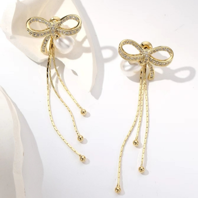 South Korea Dongdaemun Fashion Elegant New Bow Long Fringe Earrings Ear Studs One Style for Dual-Wear Earrings