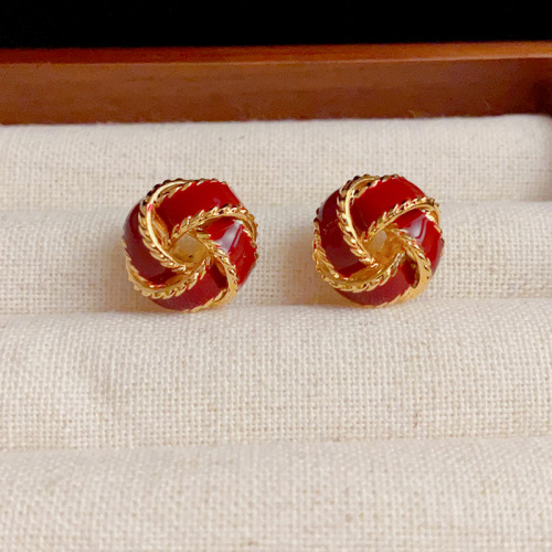 新款法式独特设计复古优雅滴油麻花纽扣耳钉气质小众设计耳环