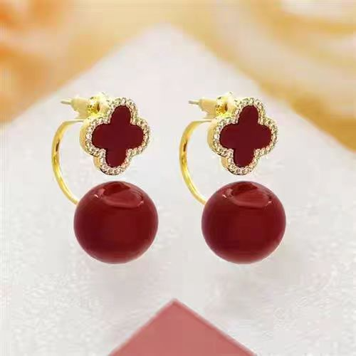 chinese style festive red four-leaf flower pearl earrings one style for dual-wear design fashion earrings new popular