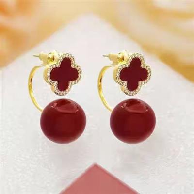 Chinese Style Festive Red Four-Leaf Flower Pearl Earrings One Style for Dual-Wear Design Fashion Earrings New Popular