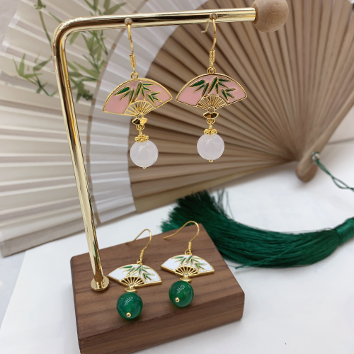 national style fashionable elegant earrings exquisite retro high-grade ancient gold-plated enamel color court fan ear pin earrings