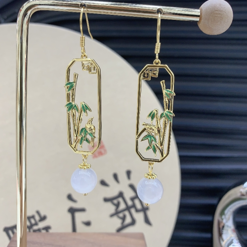 new chinese style chinese style earrings high-end design fashionable temperament retro style oil dripping bamboo green ear hook earrings