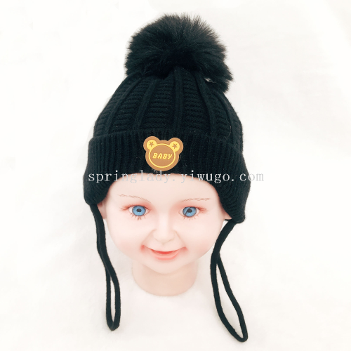 Spring Lady Core-Spun Yarn for Boys and Girls Wool Keep Warm Cute Children Hat Baby Knitted Windproof Sleeve Cap