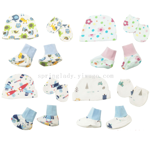 spring lady baby printed hat gloves booties three-piece set baby socks beanie newborn three-piece set