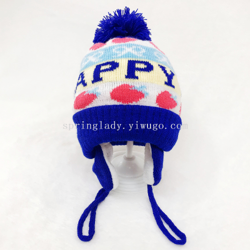 spring lady boys and girls fleece-lined jacquard knitted hat baby split earmuffs hat woolen cap children hat