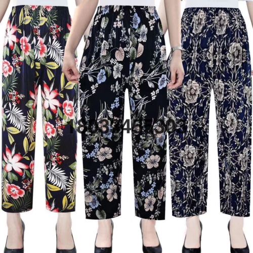 Summer Cool Ice Silk Women‘s Pants Cropped Flower Pants Middle-Aged and Elderly Casual Straight Pants Home Square Sports Pants Mom Pants
