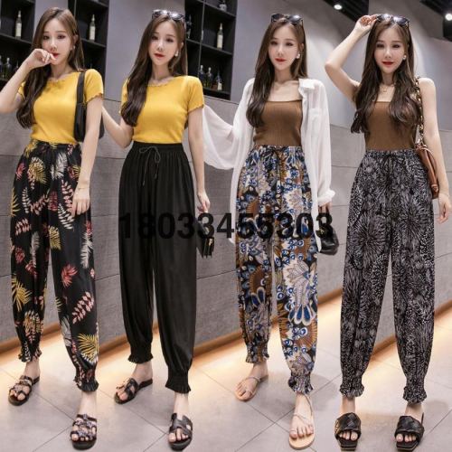 2023 summer new ice and snow silk bloomers loose cropped pants thin printed women‘s pants casual pants sun protection anti-mosquito