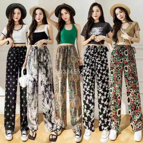 ice silk ink painting wide-leg pants for women summer 2024 new elastic high waist drooping casual chiffon wide leg pants for women