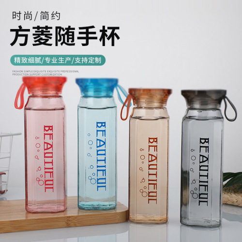 透明玻璃水杯方菱形钻石水杯大容量运动随手杯地推礼品水杯