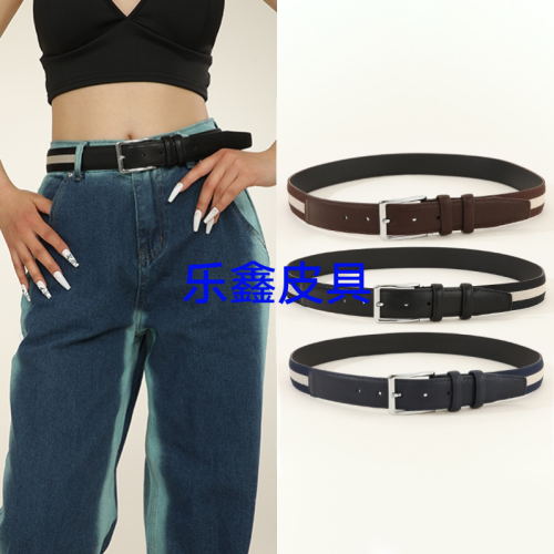 the new pin buckle is fashionable and equipped with denim. it can be matched with all-match black and white ribbon. women‘s and men‘s universal belt