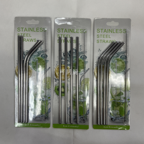 201/304 Stainless Steel Straight Bent Straw Brush Set Card Holder Adult and Children Coffee Drink Color Straw