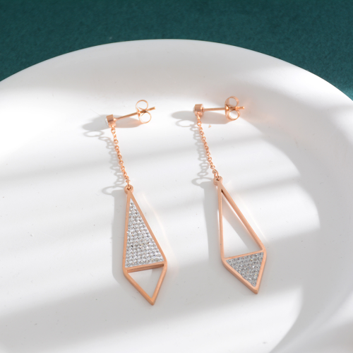 网红爆款泥钻菱形耳环钛钢长款镶钻耳饰玫瑰金饰品女