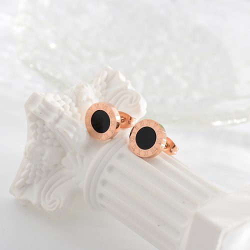 简约时尚黑色罗马圆耳钉钛钢玫瑰金耳饰气质女潮流百搭