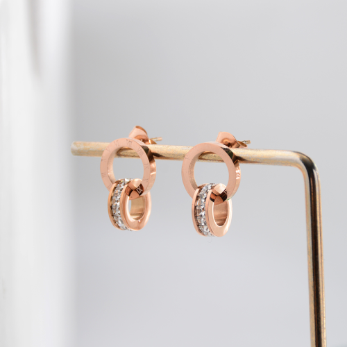 气质时尚双环白钻耳钉钛钢玫瑰金镶钻耳环百搭女款饰品配饰