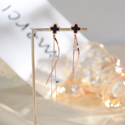 气质时尚幸运草黑色长耳环钛钢弯钻耳坠玫瑰金饰品配饰女礼物潮流