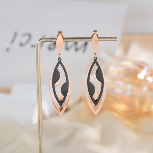 爆款气质百搭叶子黑色耳环钛钢镂空耳饰玫瑰金耳钉韩版潮流饰品