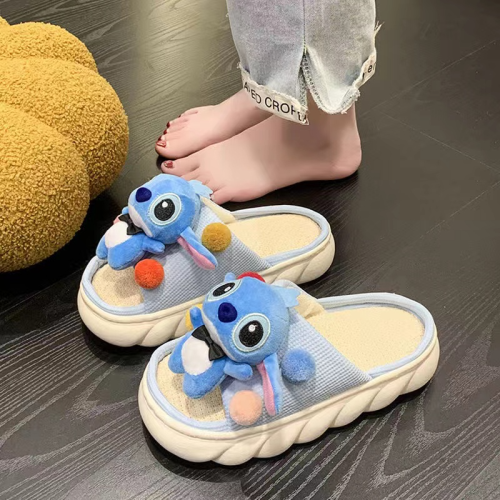 cute stitch linen slippers women‘s outer wear 2023 spring new home non-slip thick bottom slip-on sandals summer