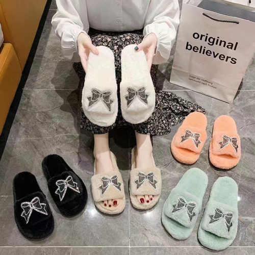fashion butterfly women‘s slippers 23 autumn and winter new one-word fur slipper flat indoor and outdoor cotton slippers comfortable short plush