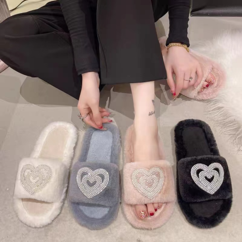 autumn and winter new style pink love fluffy slippers women‘s home indoor warm soft bottom outdoor cute flannel cotton slippers