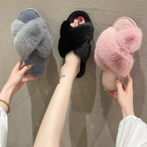 amazon winter home plush cross strap cotton indoor warm plus-sized fluffy slippers women‘s low big rabbit fur women