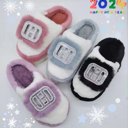 thick bottom metal buckle rhinestone fluffy slippers women‘s outer wear 2024 early autumn new word cotton slippers factory direct deliver